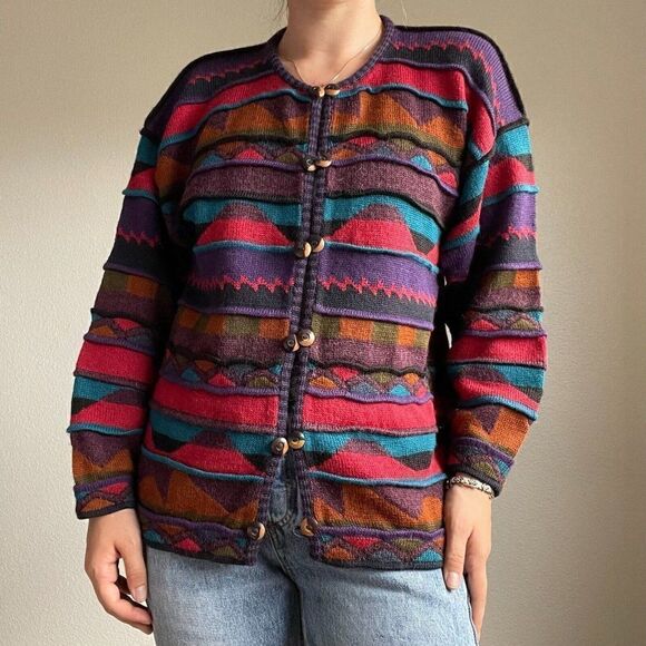 Vintage Iscayo Pure Alpaca Coogi Style Wool Rainbow Peruvian Cardigan Sz S - Picture 5 of 11